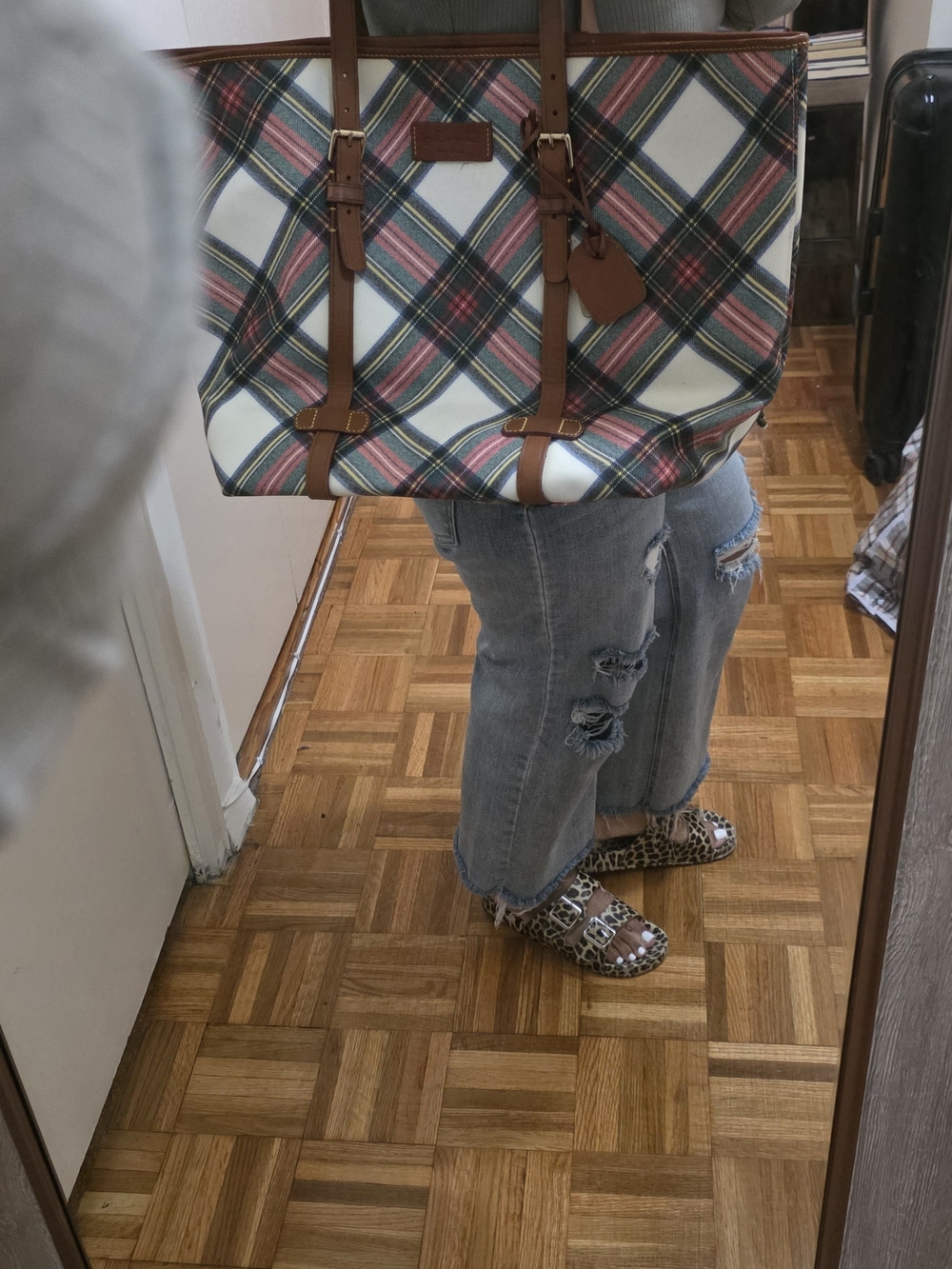 Dooney & Bourke Multicolor Plaid Tote with Brown Leather Trim